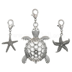Decoraciones colgantes de aleación de estrella de mar y tortuga, con broches de langosta de la aleación de la garra, plata antigua, 43~74mm, 3 PC / sistema