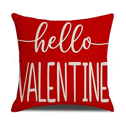 Valentine's Day Burlap Pillow Covers, Square Pillowcase with Zipper, Word Hello Valentine, Crimson, 450x454x2mm