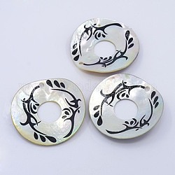 Printed Natural Akoya Shell Pendants for Necklace Making, Mother of Pearl Shell Pendants, Flat Round with Branch Pattern, Black, 55x4mm, Hole: 3mm