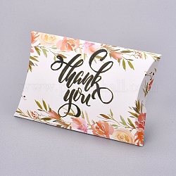 Scatole di cuscini di carta, confezione regalo di caramelle regalo, motivo floreale e parola grazie, bianco, scatola: 12.5x7.6x1.9 cm, spiegare: 14.5x7.9x0.1 cm