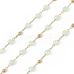 Chaîne de perles rondes en jade naturel teint, avec chaînes satellites dorées 304 en acier inoxydable, non soudée, avec bobine, vert clair, 2.5x1x0.3mm, 5x4mm, 3mm, environ 32.81 pied (10 m)/rouleau