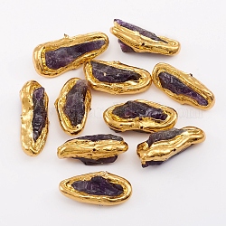 Perles d'améthyste naturelle, avec bord en laiton plaqué or, ovale, 27~31x11~15x11~12mm, Trou: 0.6mm