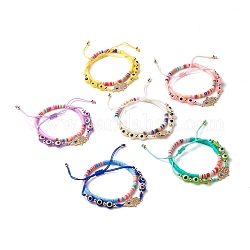 Handmade Polymer Clay Heishi Beads Stretch Bracelets Set, Hamsa Hand /Hand of Miriam Alloy Rhinestone Links Bracelets, Evil Eye Flat Round Resin Beads Lucky Bracelets for Women, Mixed Color, Inner Diameter: 1-3/8 ~3-3/4 inch(3.6~9.6cm), 2pcs/set