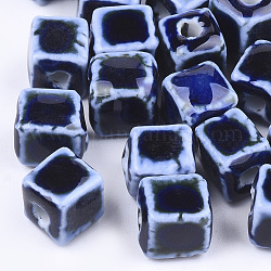 Abalorios de porcelana hechas a mano, fantasía antigua porcelana esmaltada, cubo, azul oscuro, 8x7.5~8x7.5~8mm, agujero: 1.5~2 mm