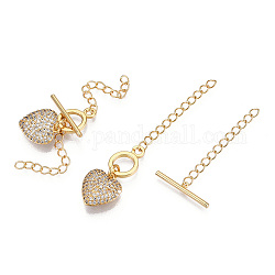 Brass Micro Pave Clear Cubic Zirconia Chain Extender, with Toggle Clasps, Ring with Heart, Nickel Free, Real 18K Gold Plated, 65mm