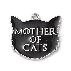 Pendente smaltati in lega, platino, parola fascino della madre dei gatti, forma di gatto, 24x25x1.3mm, Foro: 1.8 mm