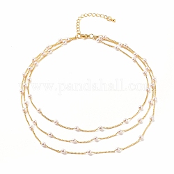 Round Plastic Pearl Beaded Triple Layer Necklace, Brass Chain Necklace for Women, Golden, 14.96 inch(38cm)
