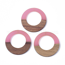 Resin & Walnut Wood Pendants, Ring, Hot Pink, 49x4mm, Hole: 2mm