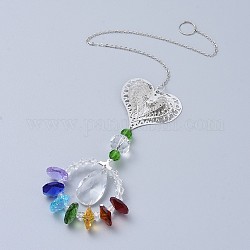 Crystals Chandelier Suncatchers Prisms Chakra Hanging Pendant, with Iron Cable Chains, Glass Beads, Glass Rhinestone and Brass Pendants, Heart with Teardrop, Colorful, 350mm