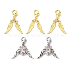 20 pz 2 stili di ali in lega e decorazione pendente campana in ferro, con chiusure moschettone, argento antico e oro, 35mm, 10pcs / style