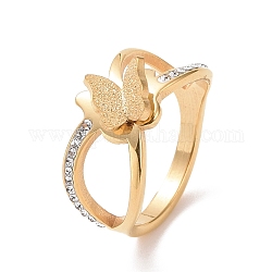 Diamante de imitación de cristal entrecruzado con anillo de dedo de mariposa, chapado en iones (ip) 304 joyería de acero inoxidable para mujer, dorado, nosotros tamaño 6 1/4~9 (16.8~18.9 mm)