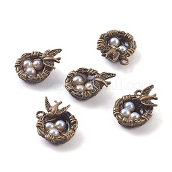 Ciondoli in lega di perle grigio chiaro placcato bronzo antico, nido d'uccello con uccello e uovo di uccello, 24x20x9mm, Foro: 1.6 mm