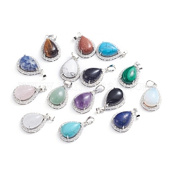 Mixed Gemstone Pendants, with Platinum Plated Brass Settings and Crystal Rhinestone, Teardrop, 27.7x18.7x10.5mm, Hole: 5x8mm