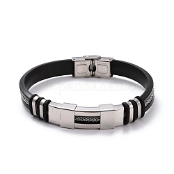 Bracelet homme cordon silicone, Bracelet d'amitié en perles de tube courbé en acier au titane, noir, couleur inoxydable, 8-7/8 pouce (22.5 cm)