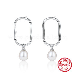 Pendientes colgantes ovalados de plata de ley 925 con baño de rodio, pendientes colgantes de perlas naturales, Platino, 45x22mm