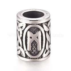 304 Stainless Steel European Beads, Large Hole Beads, Column with Runes/Futhark/Futhor, Antique Silver, 16.2x13.4mm, Hole: 8mm