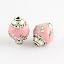 Handmade Indonesia Beads, with Rhinestones and Alloy Cores, Oval, Antique Silver, Pink, 15~17x14mm, Hole: 2mm