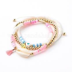 Beaded Bracelets & Braided Beaded Bracelets Sets, with Polymer Clay Heishi Beads, Natural Cowrie Shell and Polyester Cotton Tassels, Golden, Mixed Color, 2-1/8~2-3/4 inch(5.4~7cm), 3pcs/set