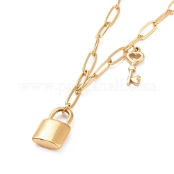 304 Stainless Steel Padlock and Skeleton Key Pendant Necklace for Women, Golden, 17.91 inch(45.5cm)
