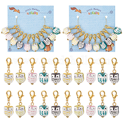 10Pcs 5 Color Handmade Porcelain Crochet Lobster Clasp Charms, Locking Stitch Marker with Wine Glass Charm Ring, Owl, Mixed Color, 3.9cm, 2pcs/color