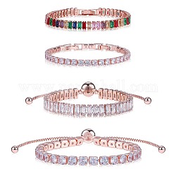 4 pièces 4 styles de bracelets de tennis en zircone cubique, bracelets coulissants à chaînes à maillons en laiton, or rose, 6-1/2~10-1/4x1/8 pouce (16.4~26 cm), 1pc / style