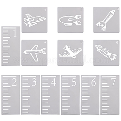 Modelli di stencil per dipingere disegni in plastica, modello di aeroplano, razzo e righello numerico, bianco, 130x130x0.3mm, 6 pc / set