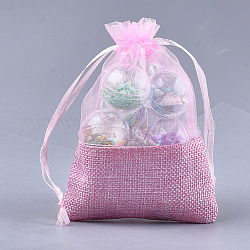 Sacs en organza, avec toile de jute, sacs à cordonnet, rectangle, rose, 17~18x12.4~13 cm
