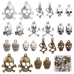 SUNNYCLUE 1 Box 48Pcs 12 Style Halloween Charms Skull Charms Bulk Skeleton Charms for Jewelry Making Tibetan Style Alloy Pirate Style Skull Bone Earring Bracelet Craft Supplies Antique Bronze Silver
