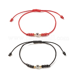 2 pièces plat rond avec coeur acrylique tressé bracelets de perles sertis de graines de verre, bracelets réglables empilables en perles lumineuses pour femmes, rouge et noir, diamètre intérieur: 2~3-3/8 pouce (5~8.7 cm)