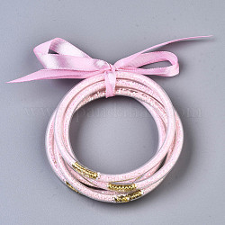 PVC Plastic Buddhist Bangle Sets, Jelly Bangles, with Paillette/Sequins and Polyester Ribbon, Pink, 2-1/2 inch(6.5cm), 5pcs/set