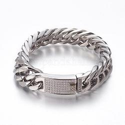 304 Stainless Steel Curb Chain Bracelets, with Rhinestone, Stainless Steel Color, 8-5/8 inch(21.8cm), 14~15.5x6.5~8.5mm