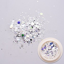 Fiocchi di polvere di glitter per unghie olografici, esagoni paillettes per unghie per nail art manicure design fai da te, bianco, 1~3.5x1~3.5mm, circa 0.8 g / scatola