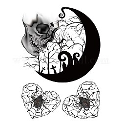 Tatuajes de arte de cuerpo luminoso de tema de halloween pegatinas, pegatinas de papel de tatuajes temporales removibles, cráneo, negro, 150x105mm