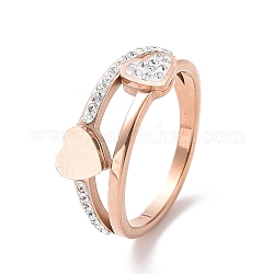 Crystal Rhinestone Heart Finger Ring, Ion Plating(IP) 304 Stainless Steel Jewelry for Women, Rose Gold, US Size 6~9(16.5~18.9mm)