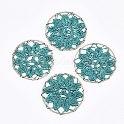 Décorations de pendentif tissées en polycoton (polyester coton), avec les accessoires en laiton, plat et circulaire avec fleur, or clair, vert de mer clair, 35x1mm