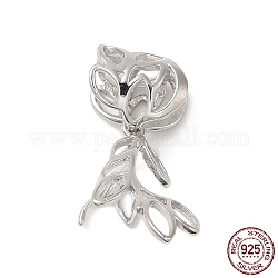 Rhodium Plated 925 Sterling Silver Ice Pick Pinch Bails, Leaf, Real Platinum Plated, 26x9.5mm, Hole: 7x5mm, Pin: 0.9mm