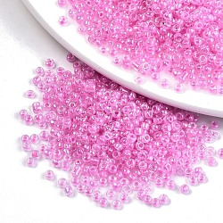 8/0 Glass Seed Beads, Inside Colours, Round Hole, Round, Transparent Colours Rainbow, Pearl Pink, 8/0, 3~4x2~3mm, Hole: 0.8mm, about 3333pcs/100g