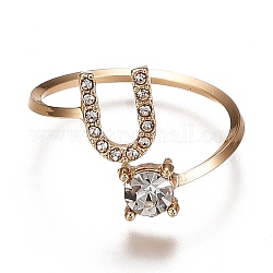 Alloy Cuff Rings, Open Rings, with Crystal Rhinestone, Golden, Letter.U, US Size 7 1/4(17.5mm)