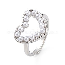 Anillo ajustable de plástico con forma de corazón y perlas, joyas de latón para mujer, sin plomo y el cadmio, Platino, diámetro interior: 17 mm