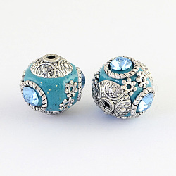 Handmade Indonesien runde Perlen, mit Glas Cabochons und antike silberne Metallfarbe Doppellegierungskerne, dunkeltürkis, 14~15x15~16 mm, Bohrung: 2 mm