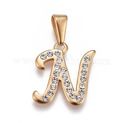 304 Stainless Steel Pendants, with Rhinestone, Letter, Letter.N, 18.5x16.5x2mm, Hole: 3~3.5x7.5~8mm