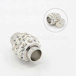 Brass Magnetic Clasps, with Polymer Clay Rhinestone Beads, Column, Platinum Color, Crystal, 17x11~13mm, Hole: 6mm