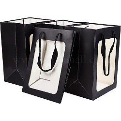 Benecreat крафт-бумажные пакеты с ручкой, с ручками для шнура и прямоугольным окном, для розничной сумки, сумка для товаров, подарочная и праздничная сумка, прямоугольные, чёрные, 25x18x0.4 см, развернуть: 25x18x13 см, окно: 18.3x13.3 см