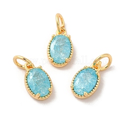 Real 18K Gold Plated Brass Micro Pave Cubic Zirconia Pendants, with Jump Rings, Oval, Sky Blue, 10x6.5x2.5mm, Hole: 3mm