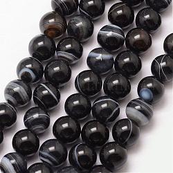 Natural Striped Agate/Banded Agate Bead Strands, Round, Grade A, Dyed & Heated, Black, 10mm, Hole: 1mm, about 37pcs/strand, 15 inch