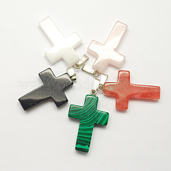 Gemstone Pendants, with Brass Clasps, Mixed Style, Cross, Platinum, Mixed Stone,  45x28x7mm, Hole: 9x4mm