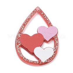 Pendentifs en acrylique opaque pour la Saint-Valentin, avec des poudres de paillettes, coeur en forme de larme, rouge indien, 46.5x30x2mm, Trou: 1.8mm