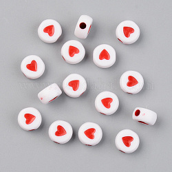 Perline acrilico opaco, piatta e rotonda con il cuore, rosso, 7x4mm, Foro: 1.8 mm, 3800pcs/500g
