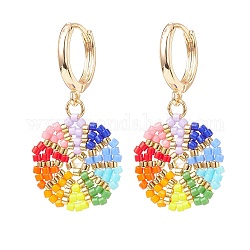 Boucles d'oreilles créoles pendantes de fleurs tressées de graines japonaises de couleur arc-en-ciel, bijoux en laiton pour femmes, colorées, 37mm, pin: 1 mm