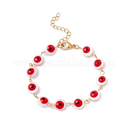 304 Stainless Steel and Enamel Shell Bead Bracelets, Round, Golden, Red, 6-1/2~6-3/4 inch(16.5~17.2cm)